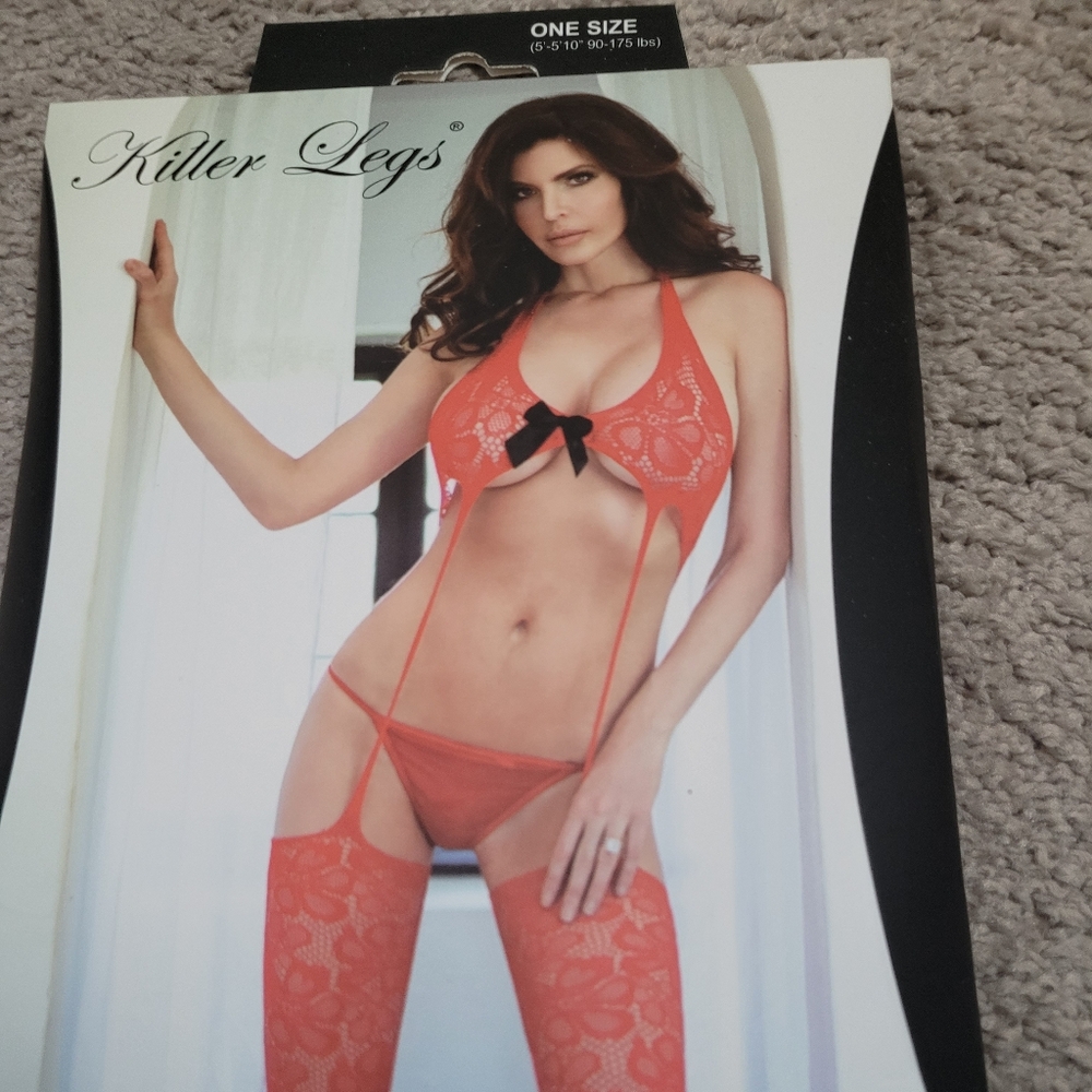 Women's Coral Lace Garter Bodysuit - One Size
